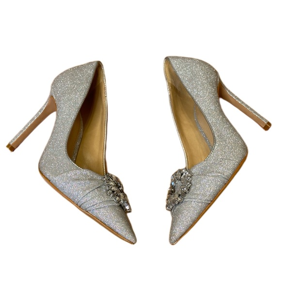 Schutz Meisho Glam Glitter Silver Pointed Toe Stiletto Heel - Picture 2 of 8